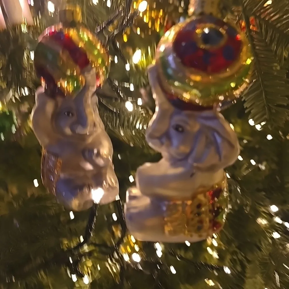 VTG‎ Lot Of 2 Christmas Glass Ornament Elephant Circus Style Ball Hat